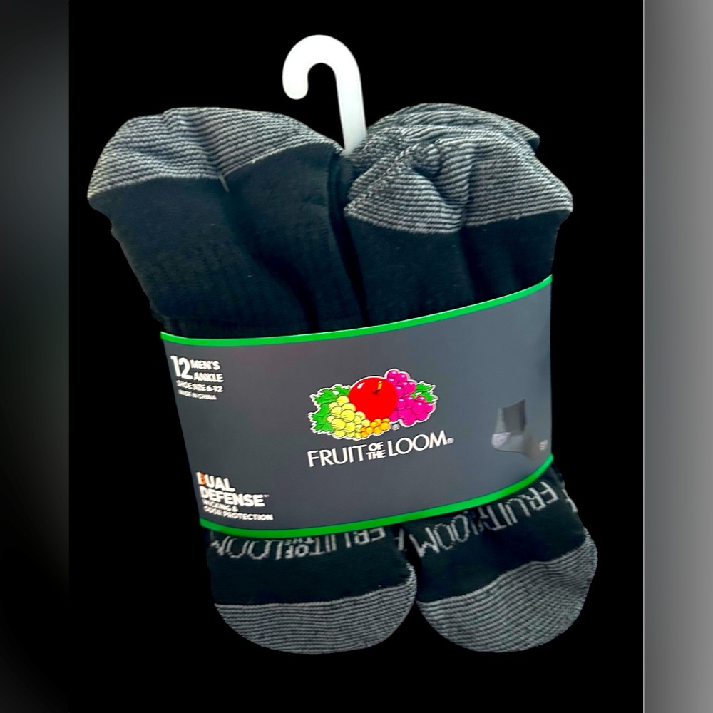 NWT Fruit of the Loom Men's Dual Defense Ankle Socks (12 pack) IN BLACK